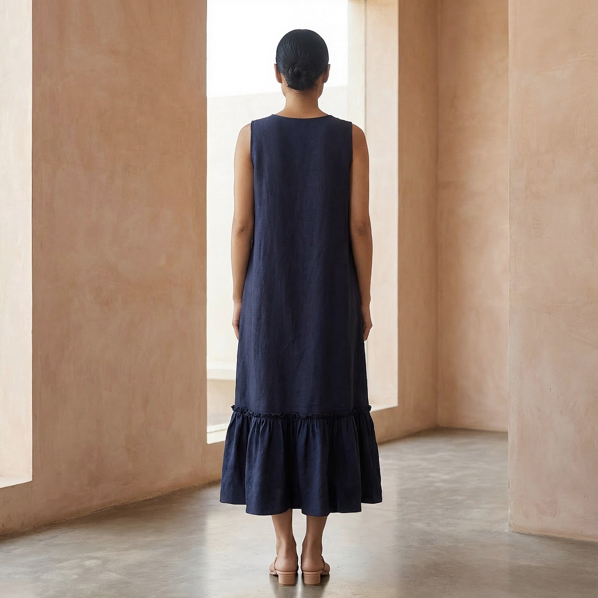 Navy Blue Cotton Flax A-Line V-Neck Sleeveless Maxi Tier Dress