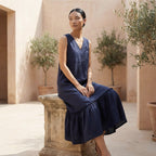 Navy Blue Cotton Flax A-Line V-Neck Sleeveless Maxi Tier Dress