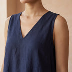 Navy Blue Cotton Flax A-Line V-Neck Sleeveless Maxi Tier Dress
