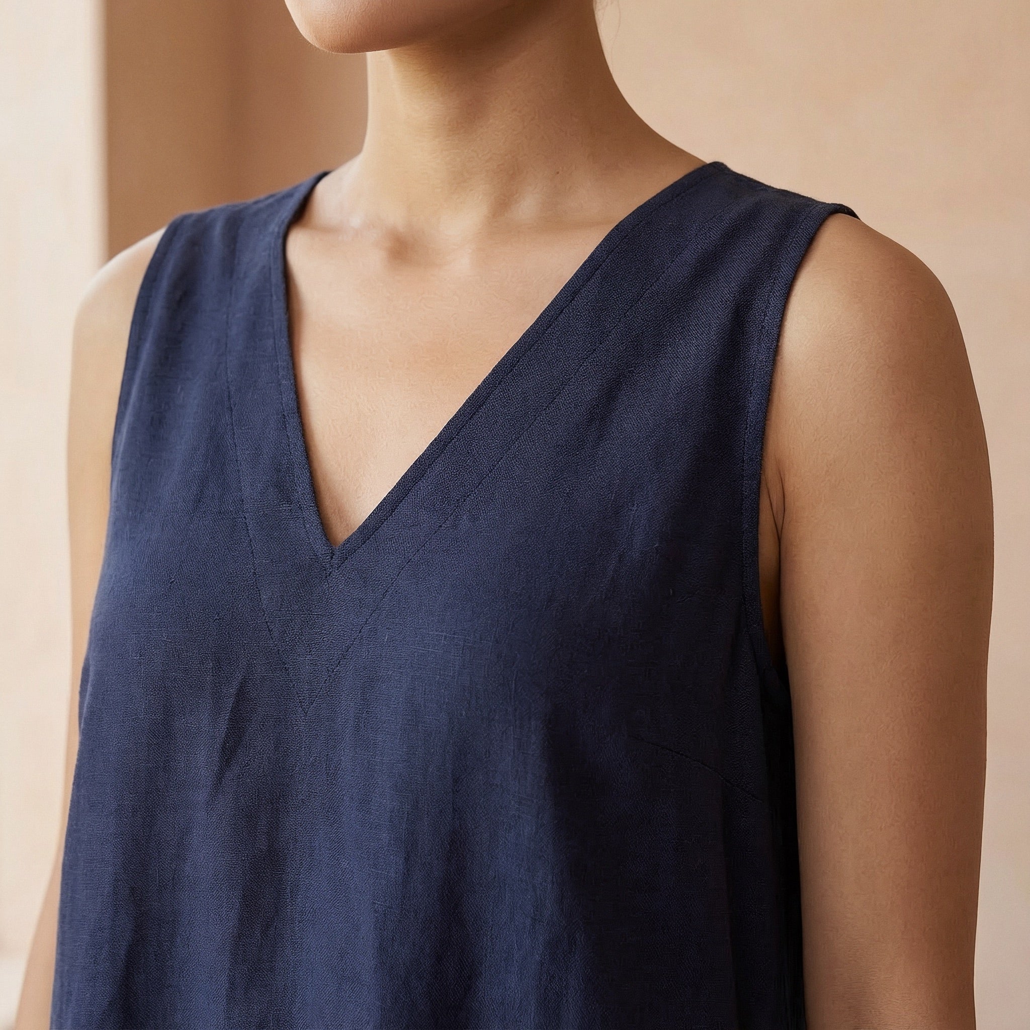 Navy Blue Cotton Flax A-Line V-Neck Sleeveless Maxi Tier Dress
