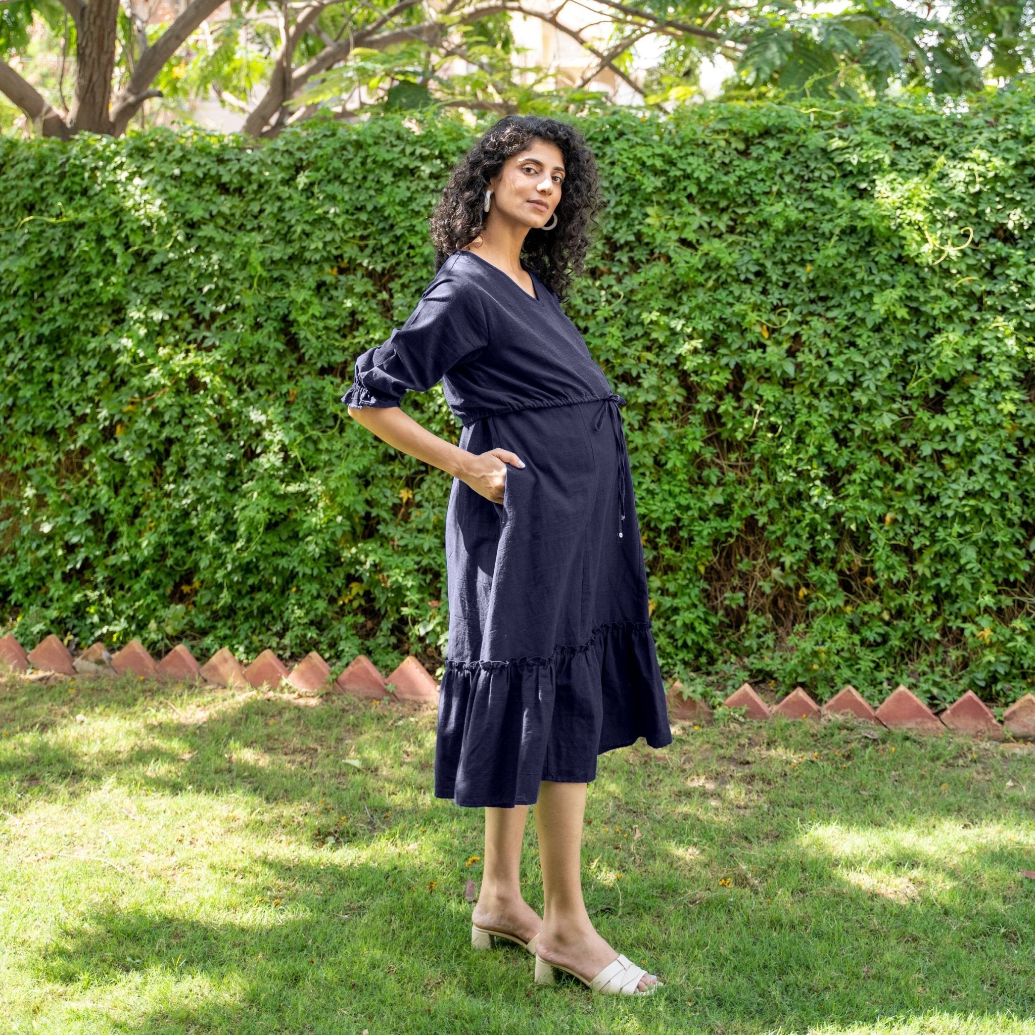 Navy Blue Cotton Flax A-Line Knee Length Pre and Post Maternity Dress