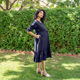 Navy Blue Cotton Flax A-Line Knee Length Pre and Post Maternity Dress
