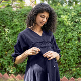 Navy Blue Cotton Flax A-Line Knee Length Pre and Post Maternity Dress