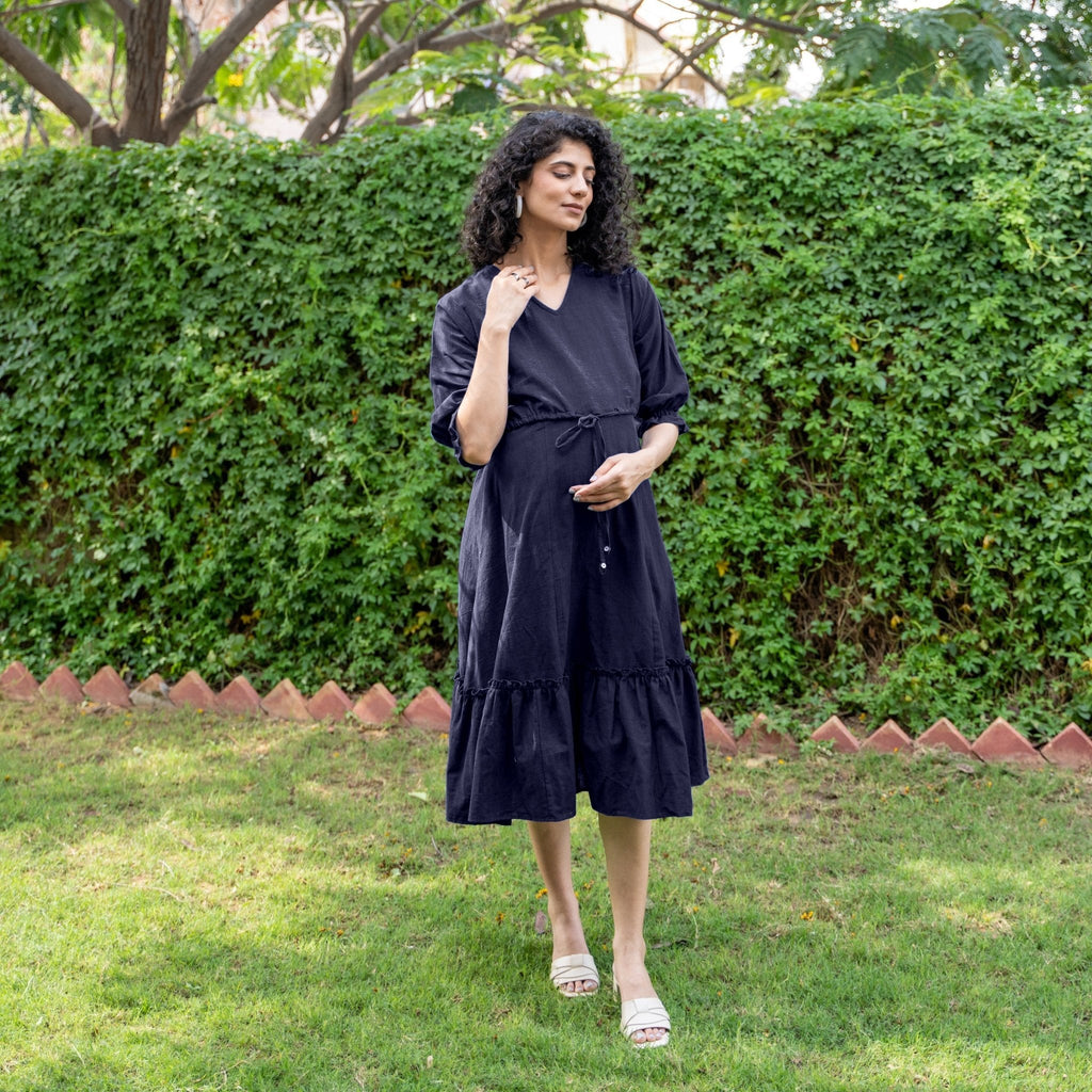 Navy Blue Cotton Flax A-Line Knee Length Pre and Post Maternity Dress