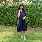 Navy Blue Cotton Flax A-Line Knee Length Pre and Post Maternity Dress