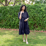 Navy Blue Cotton Flax A-Line Knee Length Pre and Post Maternity Dress