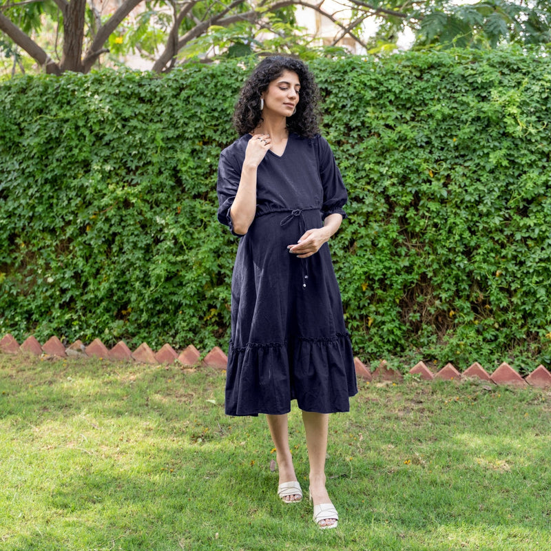 Navy Blue Cotton Flax A-Line Knee Length Pre and Post Maternity Dress