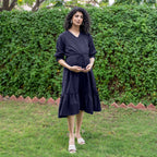 Navy Blue Cotton Flax A-Line Knee Length Pre and Post Maternity Dress