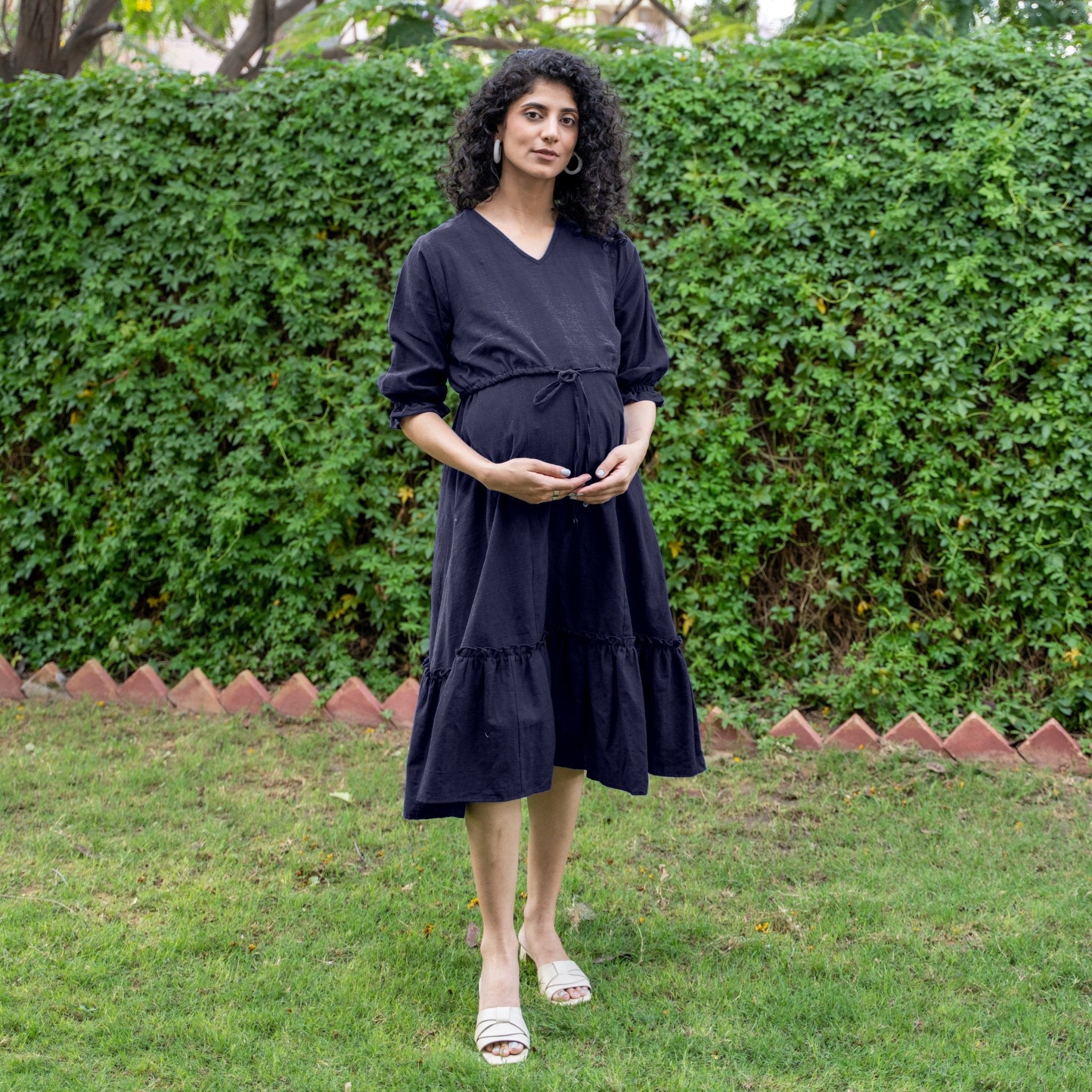 Navy Blue Cotton Flax A-Line Knee Length Pre and Post Maternity Dress