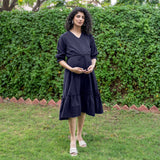 Navy Blue Cotton Flax A-Line Knee Length Pre and Post Maternity Dress