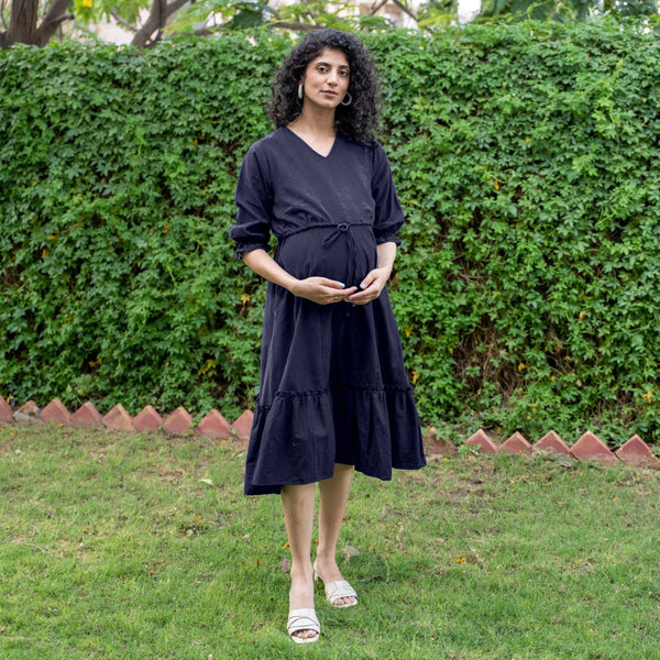 Navy Blue Cotton Flax A-Line Knee Length Pre and Post Maternity Dress