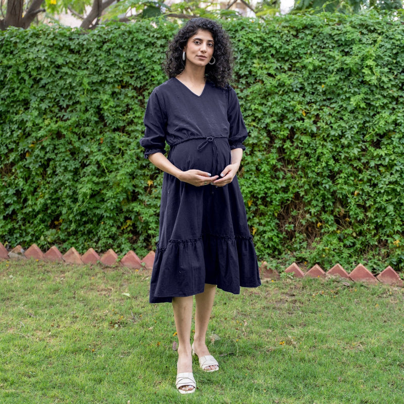 Navy Blue Cotton Flax A-Line Knee Length Pre and Post Maternity Dress