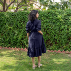 Navy Blue Cotton Flax A-Line Knee Length Pre and Post Maternity Dress