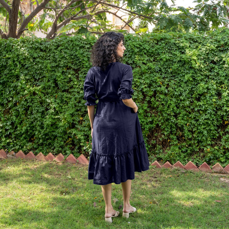Navy Blue Cotton Flax A-Line Knee Length Pre and Post Maternity Dress