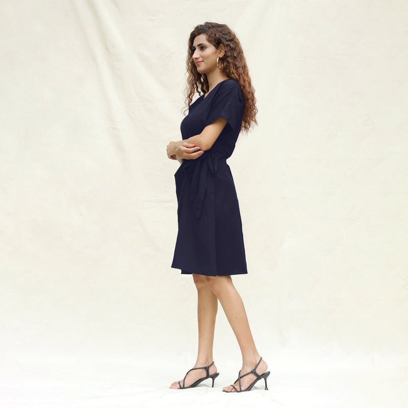 Navy Blue Cotton Flax A-Line Knee Length Wrap Dress