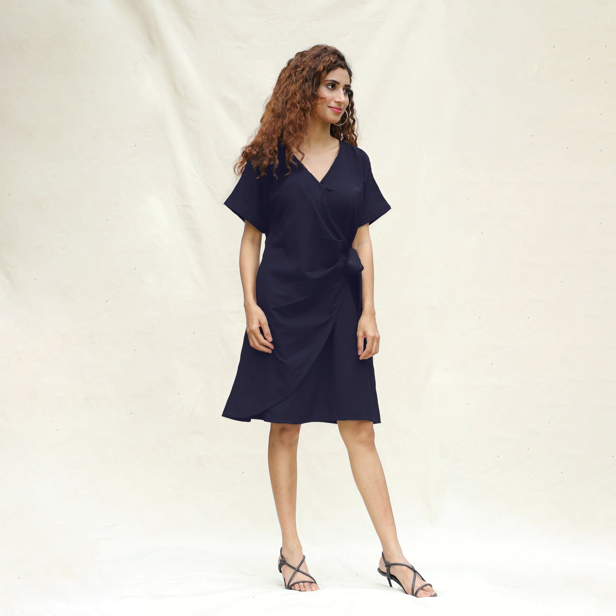 Navy Blue Cotton Flax A-Line Knee Length Wrap Dress