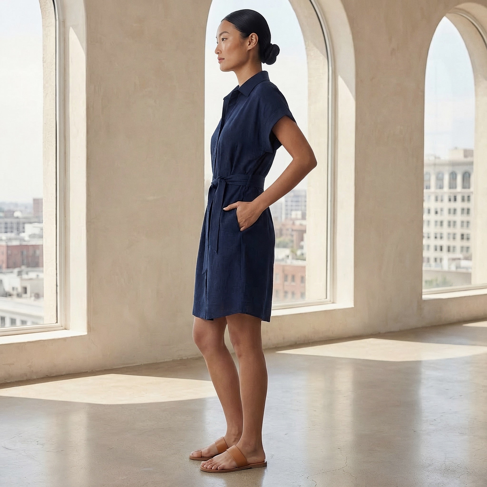 Navy Blue Cotton Flax A-Line Short Dress with Belt