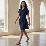 Navy Blue Cotton Flax A-Line Short Dress with Belt