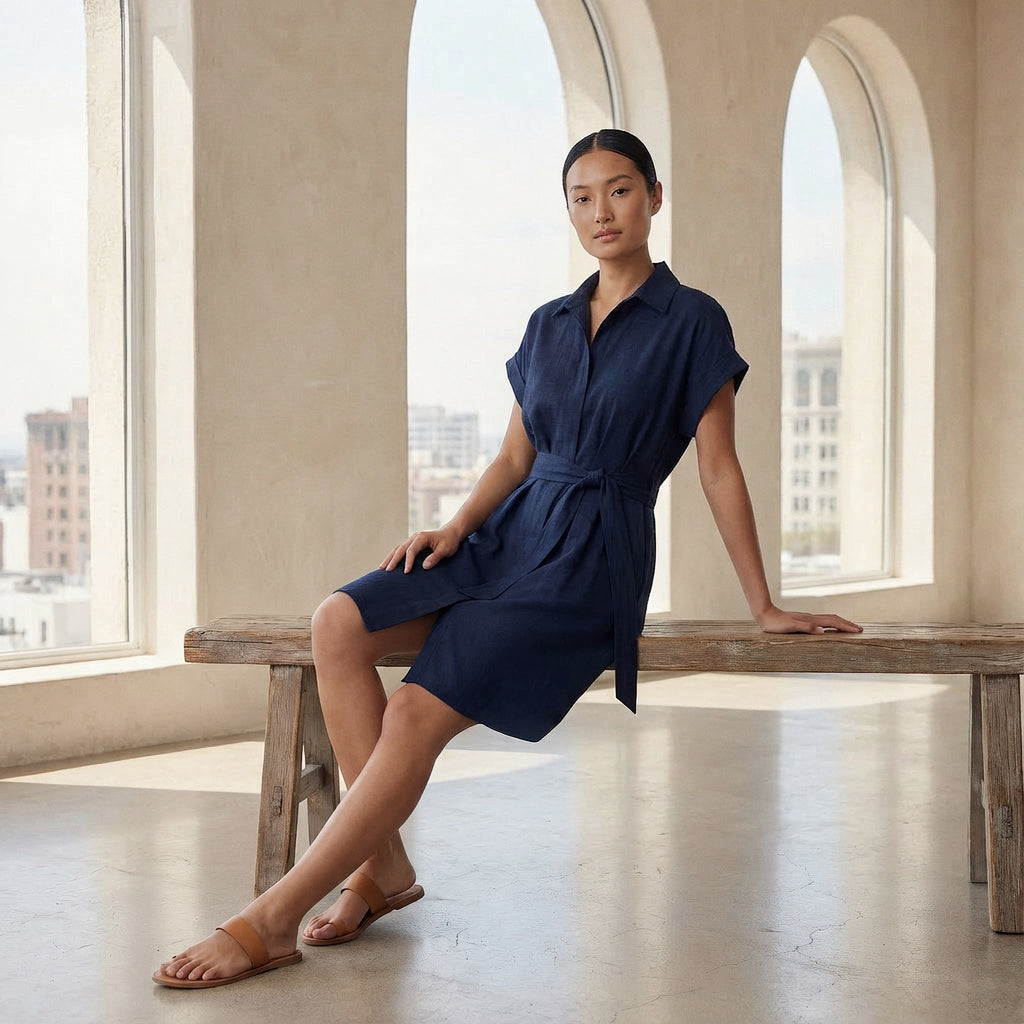 Navy Blue Cotton Flax A-Line Short Dress with Belt