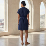 Navy Blue Cotton Flax A-Line Short Dress with Belt