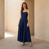 Navy Blue Cotton Flax Ankle Length Flared Sundress