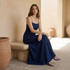 Navy Blue Cotton Flax Ankle Length Flared Sundress