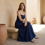 Navy Blue Cotton Flax Ankle Length Flared Sundress