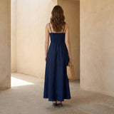 Navy Blue Cotton Flax Ankle Length Flared Sundress