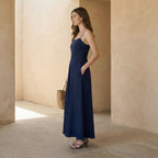 Navy Blue Cotton Flax Ankle Length Flared Sundress