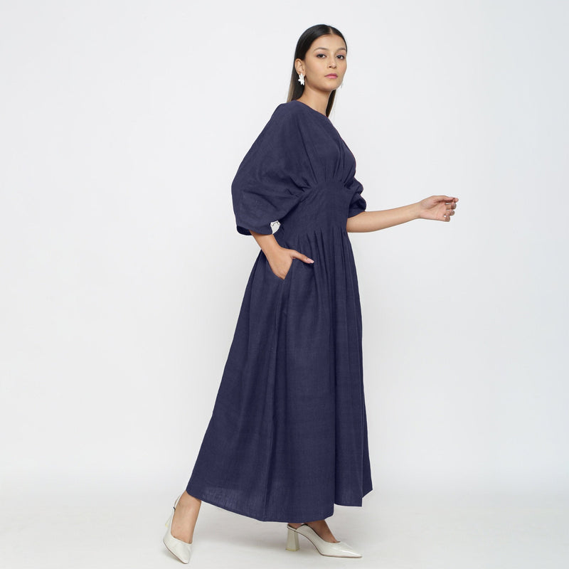 Navy Blue Cotton Flax Ankle Length Pleated Flared Dress