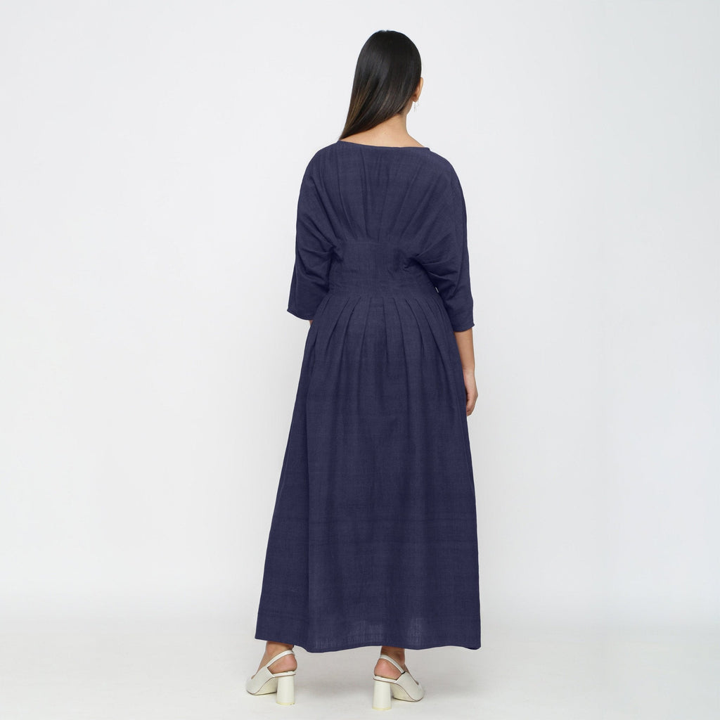Navy Blue Cotton Flax Ankle Length Pleated Flared Dress