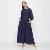 Navy Blue Cotton Flax Ankle Length Pleated Flared Dress