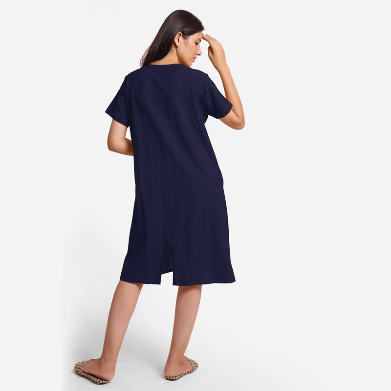 Back View of a Model wearing Navy Blue Cotton Flax Anti-Fit Dress