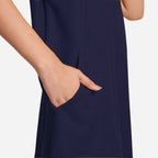 Right Detail of a Model wearing Navy Blue Cotton Flax Anti-Fit Dress