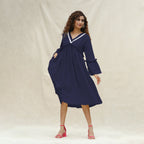 Navy Blue Cotton Flax Bohemian Midi Dress