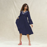 Navy Blue Cotton Flax Bohemian Midi Dress
