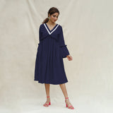 Navy Blue Cotton Flax Bohemian Midi Dress