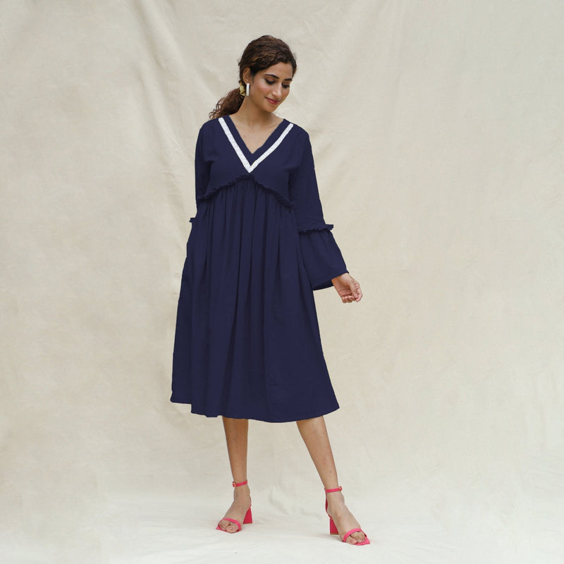 Navy Blue Cotton Flax Bohemian Midi Dress