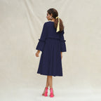 Navy Blue Cotton Flax Bohemian Midi Dress