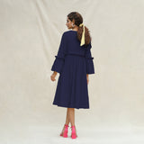Navy Blue Cotton Flax Bohemian Midi Dress