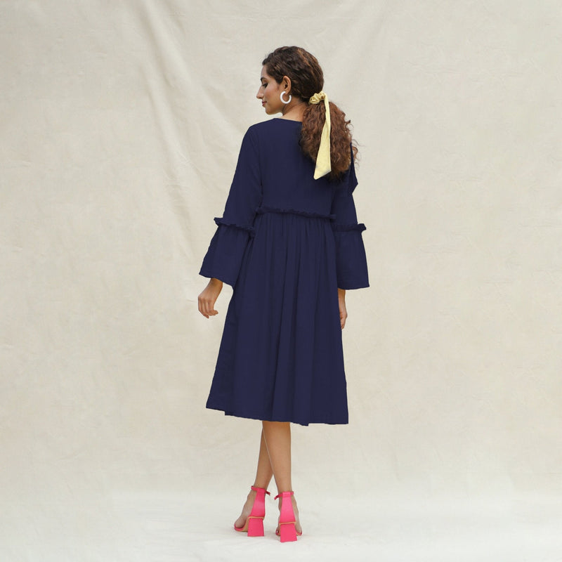 Navy Blue Cotton Flax Bohemian Midi Dress