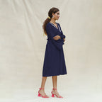 Navy Blue Cotton Flax Bohemian Midi Dress