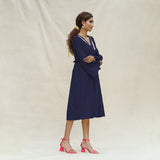 Navy Blue Cotton Flax Bohemian Midi Dress