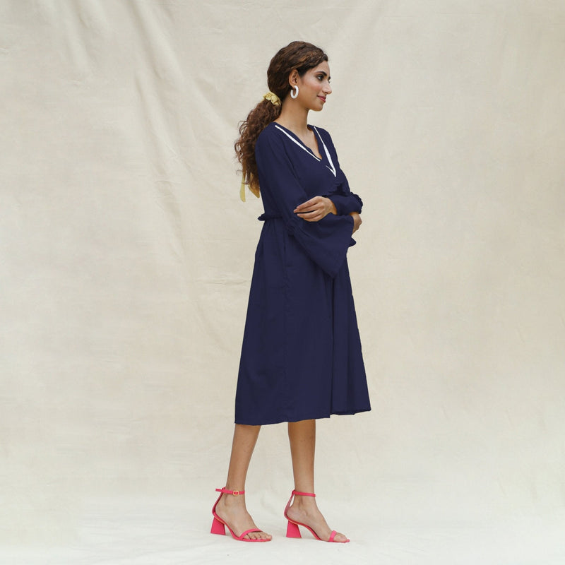 Navy Blue Cotton Flax Bohemian Midi Dress