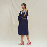 Navy Blue Cotton Flax Bohemian Midi Dress