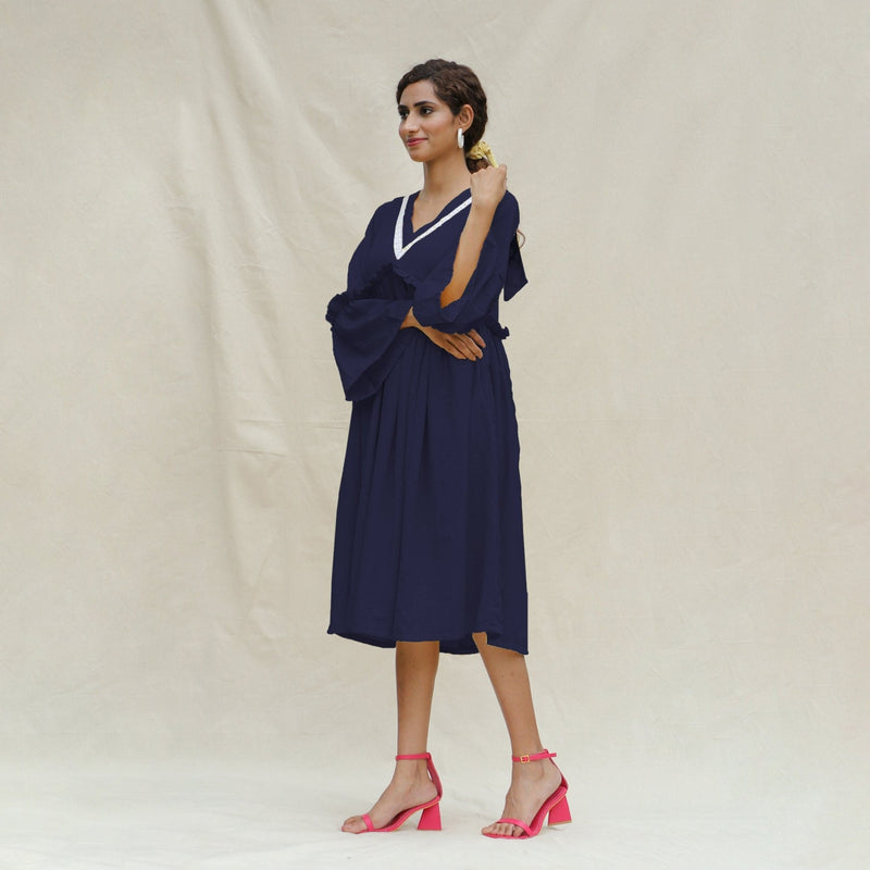 Navy Blue Cotton Flax Bohemian Midi Dress