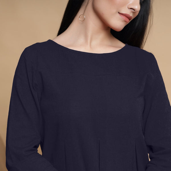 Navy Blue Cotton Flax Box-Pleated High Low Top
