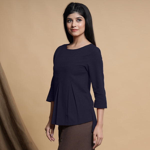 Navy Blue Cotton Flax Box-Pleated High Low Top