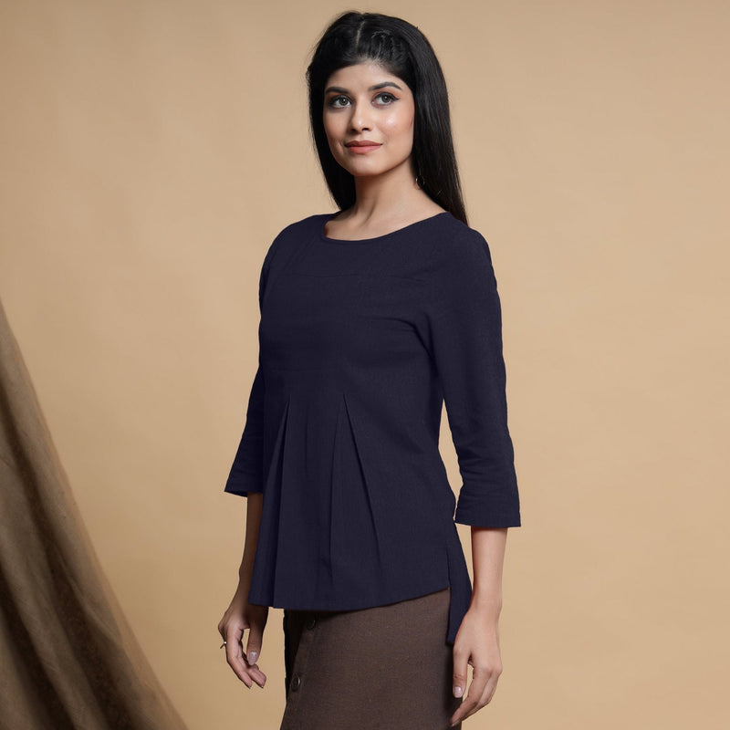 Navy Blue Cotton Flax Box-Pleated High Low Top
