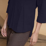Navy Blue Cotton Flax Box-Pleated High Low Top